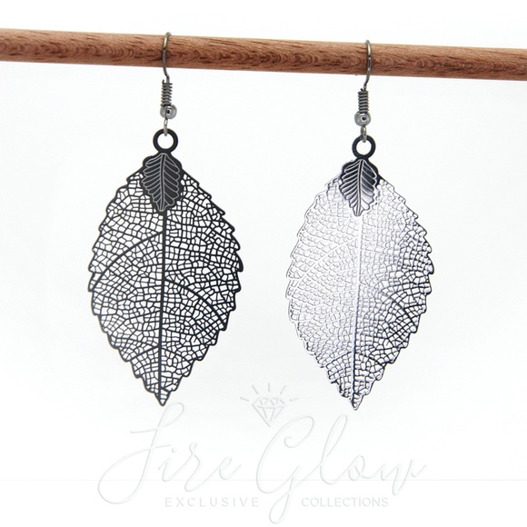 Boho Chic Polished Gunmetal Filigree Leaf Earrings - Picture 7 of 8
